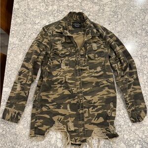Camouflage Distressed Denim Jacket
